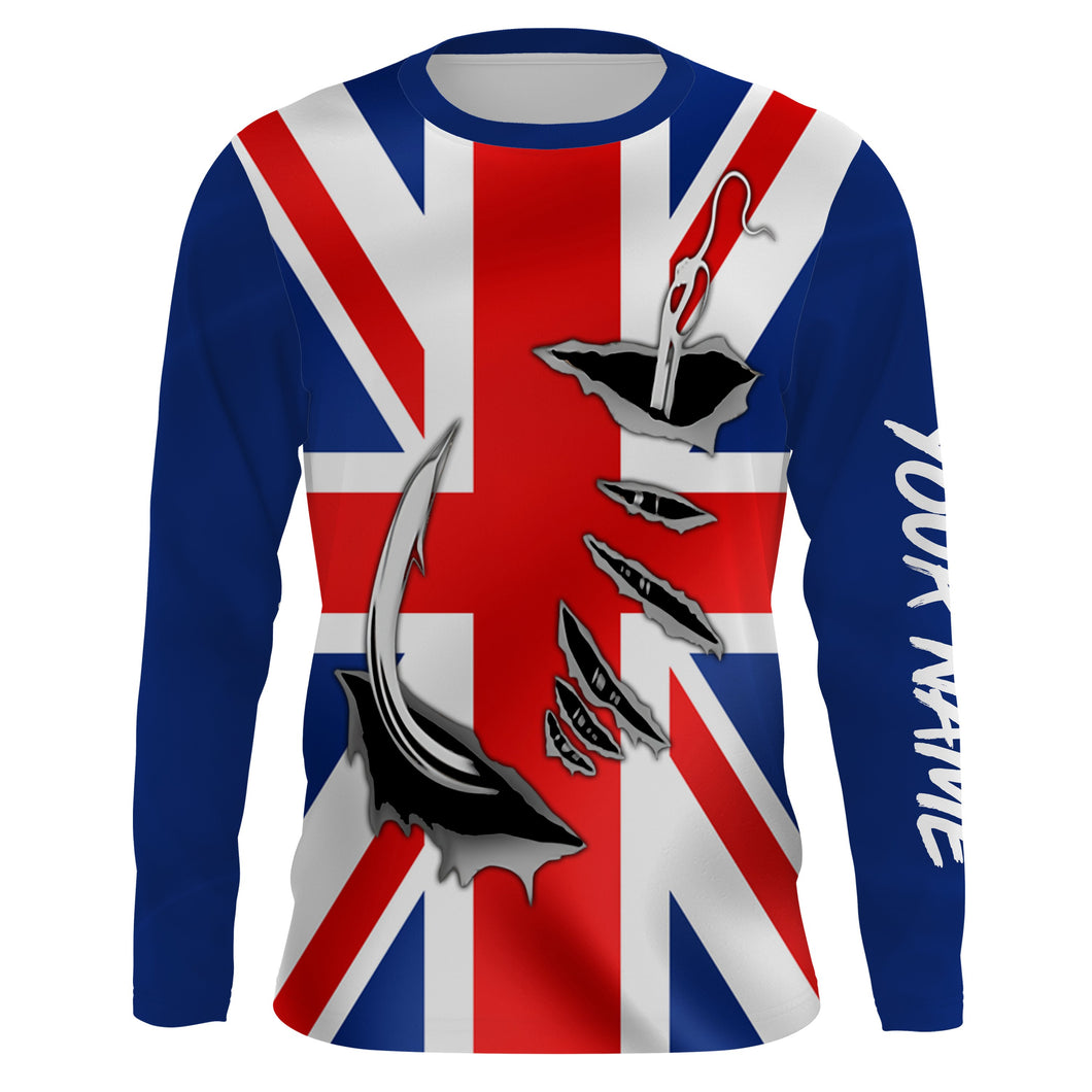 UK Fishing 3D Fish Hook England Flag Sun / UV protection quick dry customize name long sleeves shirts personalized Patriotic fishing apparel gift for Fishing lovers IPH1976