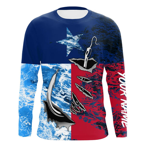 Texas Flag Fish Hook Custom Name Uv Long Sleeve Fishing Shirts With Ocean Waves Texture IPHW5067