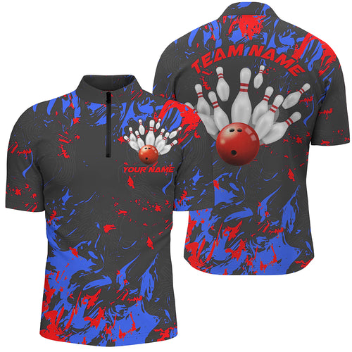 Blue And Red Camo Bowling Team Shirts Custom Men Quarter Zip Shirts Bowling League Shirts IPHW5363