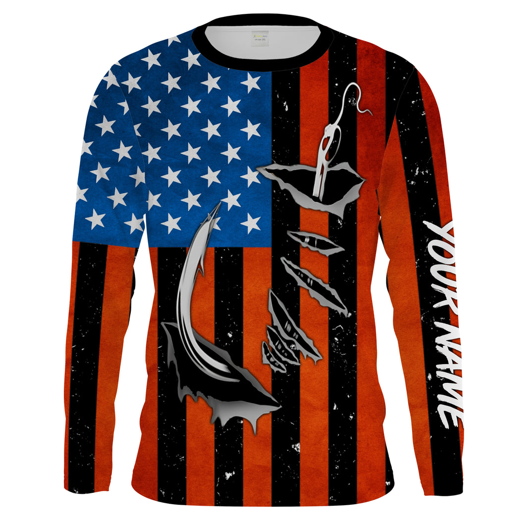 Personalized American Flag Fishing Shirts, Patriotic Fish hook Long sleeve performance Fishing Shirts - IPHW1542