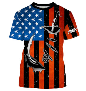 Personalized American Flag Fishing Shirts, Patriotic Fish hook Long sleeve performance Fishing Shirts - IPHW1542