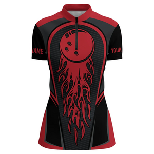 Red Flaming Bowling Ball Custom Women'S Bowling Jerseys, Matching Team Bowling Shirts IPHW4200