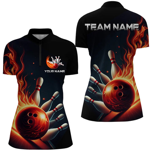 Custom Red Flame Bowling Quarter Zip Shirts For Women Bowling Team Jerseys Strike Bowling IPHW5405