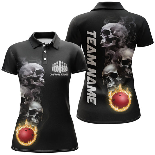 Skull Tattoo Flame Bowling Ball Men'S Polo Bowling Shirts, Personalized Bowling Team Outfit IPHW5251