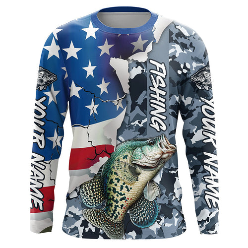 Custom American Flag Crappie Fishing Long Sleeve Shirts, Patriotic Camo Crappie Fishing Jerseys IPHW6105