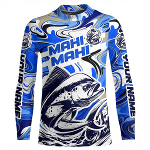 Custom Mahi Mahi Long Sleeve Uv Protection Fishing Shirts, Mahimahi Performance Shirts | Blue Camo IPHW6137