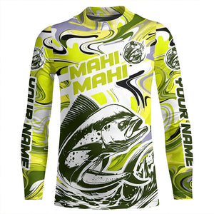 Custom Mahi Mahi Long Sleeve Uv Protection Fishing Shirts, Mahimahi Performance Shirts | Yellow Camo IPHW6155