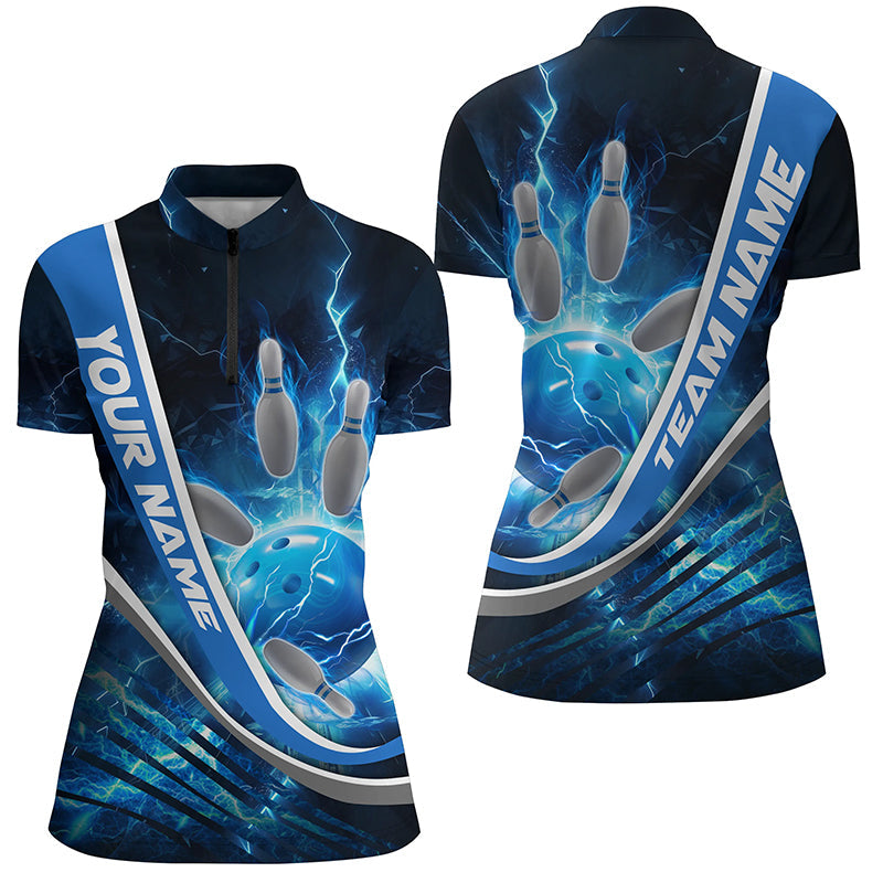 Custom Blue Thunder Lightning Bowling Quarter Zip Shirts For Women Bowling Jerseys Team IPHW5322
