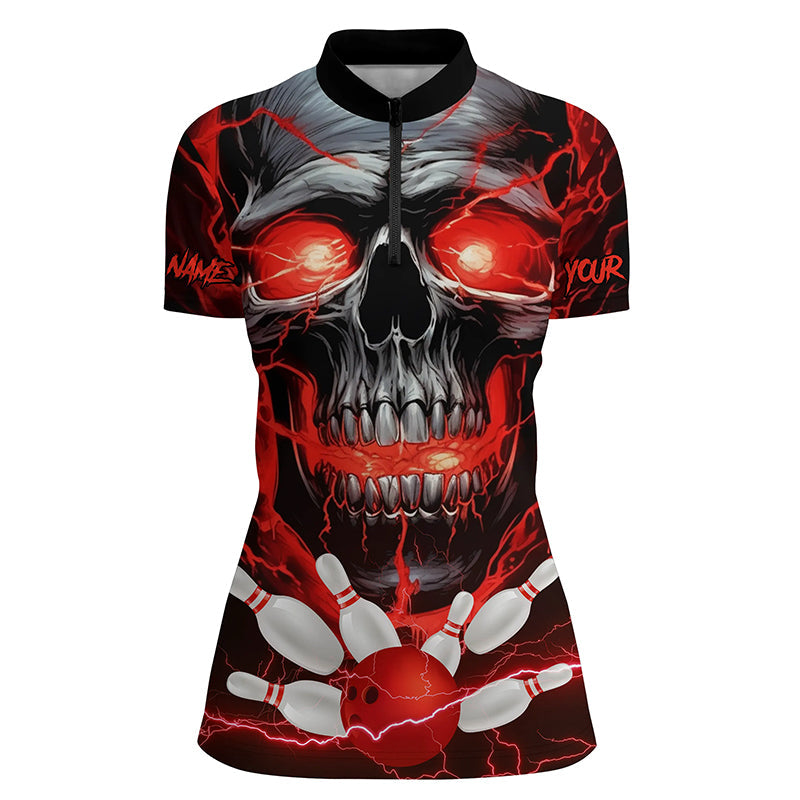 Custom Red Thunder Lightning Skull Bowling Team Jerseys Women Quarter Zip Shirts IPHW5367