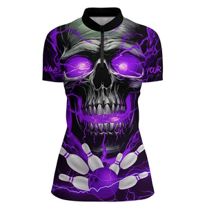 Custom Purple Thunder Lightning Skull Bowling Team Jerseys Women Quarter Zip Shirts IPHW5369