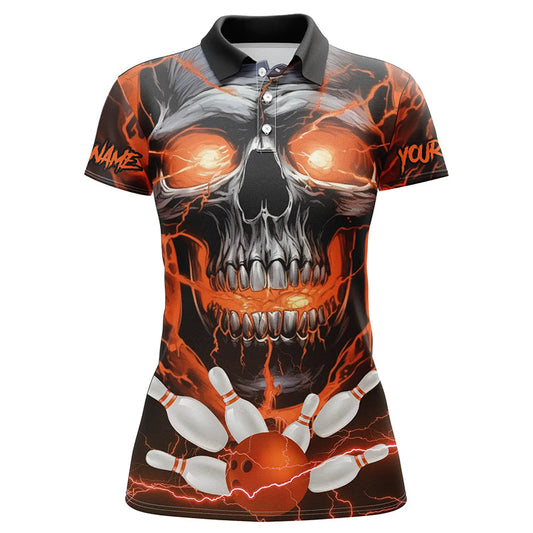 Custom Orange Thunder Lightning Skull Bowling Team Jerseys Women Polo Shirts Bowling League IPHW5370