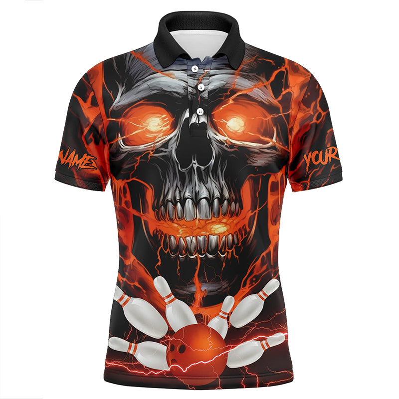 Custom Orange Thunder Lightning Skull Bowling Team Jerseys Men Polo Shirts Bowling League Shirts IPHW5370