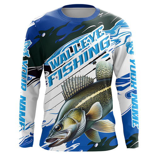 Custom Walleye Fishing Jerseys, Walleye Long Sleeve Tournament Fishing Shirts | Blue Camo IPHW5994