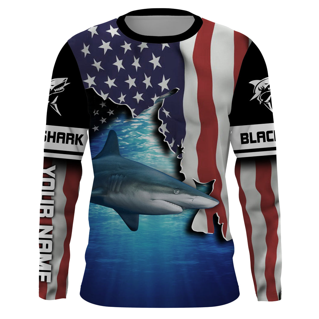 US Blacktip Shark Fishing apparel Sun / UV protection quick dry customize name long sleeves shirt personalized patriotic fishing gift for adults and kids IPH1737