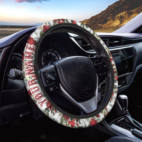 Red burgandy rose flower Custom Steering Wheel Cover, personalized Women Car Accessories unique gifts - IPHW1012