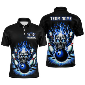 Personalized Unisex Skull Bowling Shirt Custom Team'S Name Flame Bowler Jerseys | Blue IPHW6012