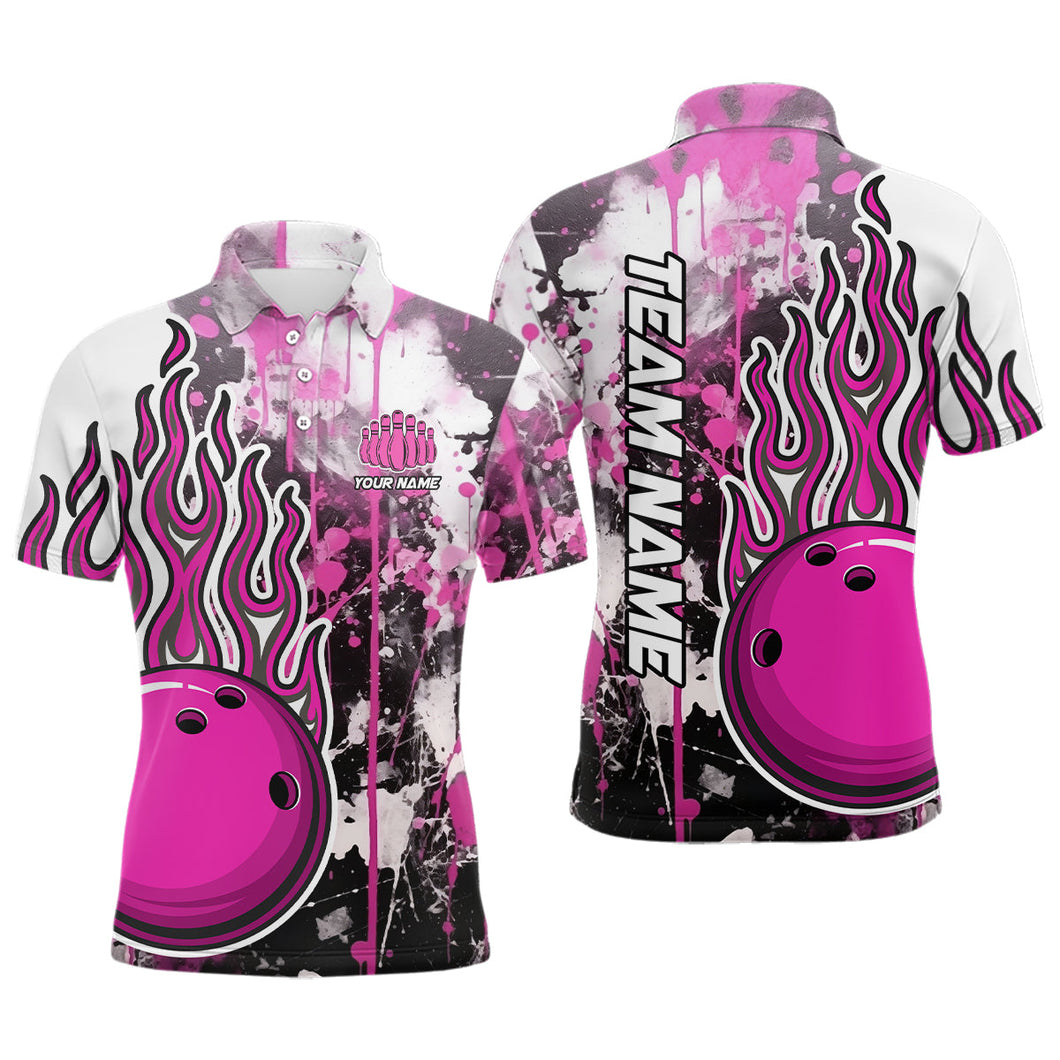 Pink Camo Flame Bowling Polo Shirts For Men Custom Bowling Team Jerseys Bowling League Shirts IPHW5410