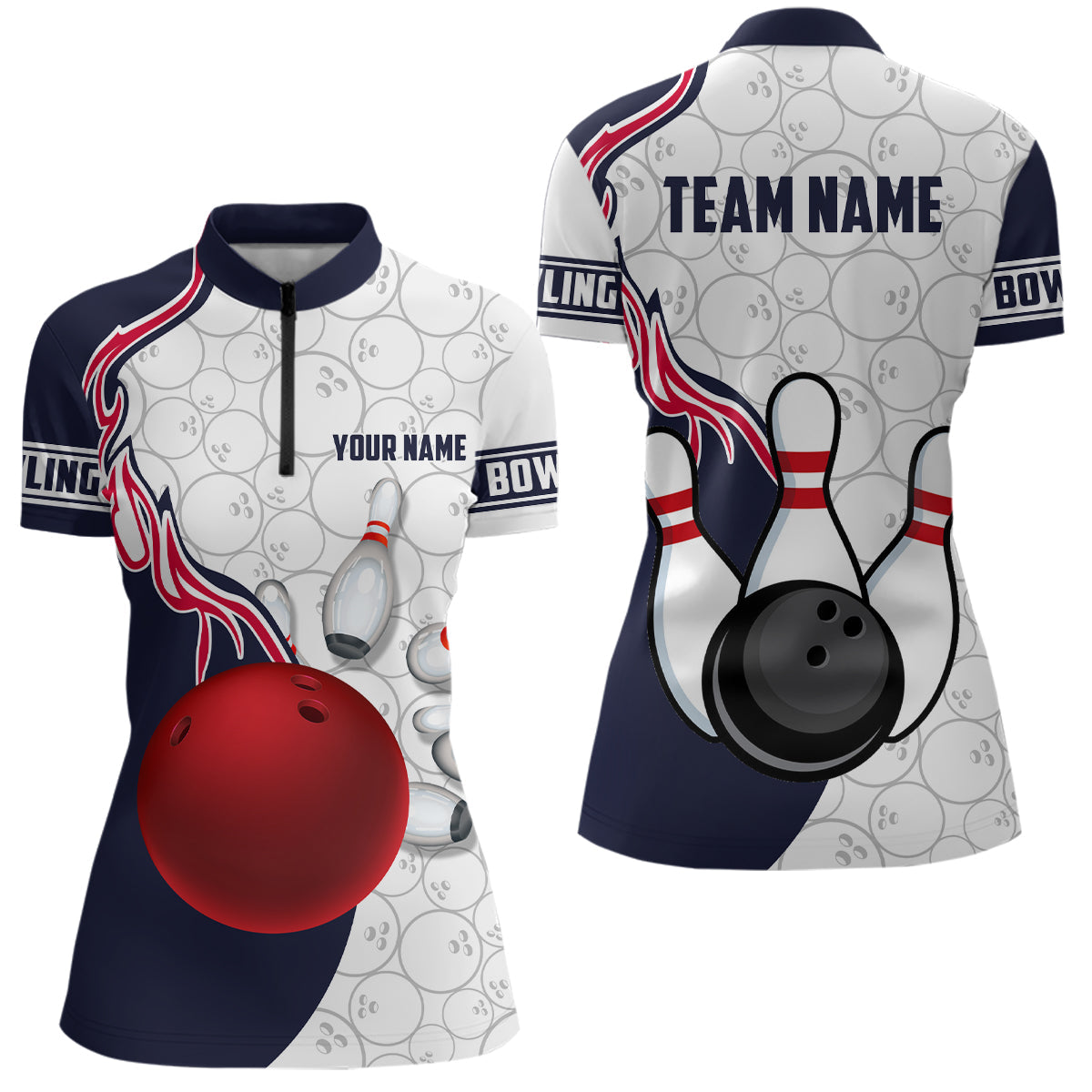 Custom Women Bowling Quarter-Zip Shirts Bowling Ball And Pins League Bowling Jerseys Outfit IPHW5305