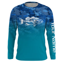 Load image into Gallery viewer, Largemouth Bass fishing blue camo ocean Customize Name UV Long Sleeve Fishing Shirts UPF 30+ NQS2183