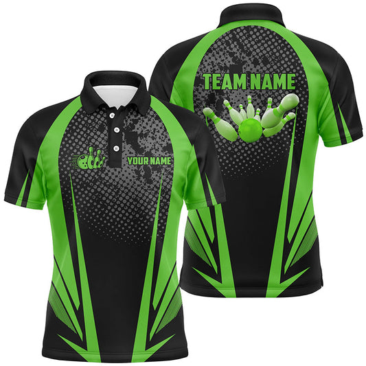 Men's Bowling short sleeve polo Custom bowling ball and pins black and green team Men Bowlers Jerseys NQS7147
