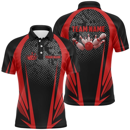 Men's Bowling short sleeve polo Custom bowling ball and pins black and red team Men Bowlers Jerseys NQS7148