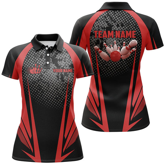Women's Bowling polo Shirt Custom bowling ball and pins black and red team ladies Bowlers Jerseys NQS7148