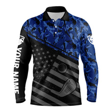 Load image into Gallery viewer, Mens golf polo shirt black American flag patriotic blue camo polo custom name golfing gifts NQS3436