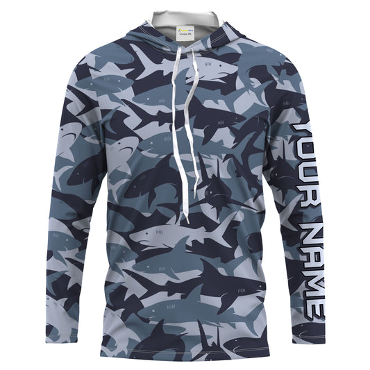 Shark fishing camo UV protection customize name long sleeves fishing shirts UPF 30+, fishing shirt for men, women, kid NQS2190