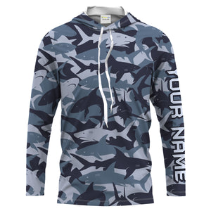 Shark fishing camo UV protection customize name long sleeves fishing shirts UPF 30+, fishing shirt for men, women, kid NQS2190