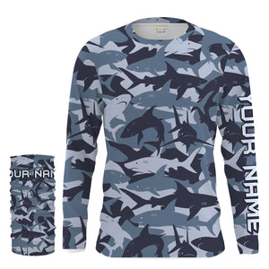 Shark fishing camo UV protection customize name long sleeves fishing shirts UPF 30+, fishing shirt for men, women, kid NQS2190