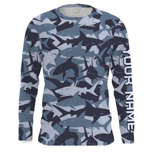 Load image into Gallery viewer, Shark fishing camo UV protection customize name long sleeves fishing shirts UPF 30+, fishing shirt for men, women, kid NQS2190