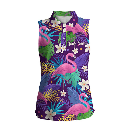 Women's sleeveless golf polo shirt floral flamingo pattern tropical leaves custom team golf shirts NQS3897