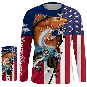 Inshore Grand Slam Redfish, Trout, Flounder Texas slam American flag Custom long sleeve Fishing Shirts NQS4102