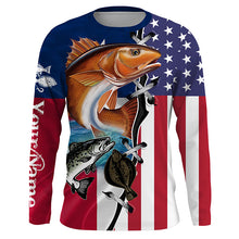 Load image into Gallery viewer, Inshore Grand Slam Redfish, Trout, Flounder Texas slam American flag Custom long sleeve Fishing Shirts NQS4102