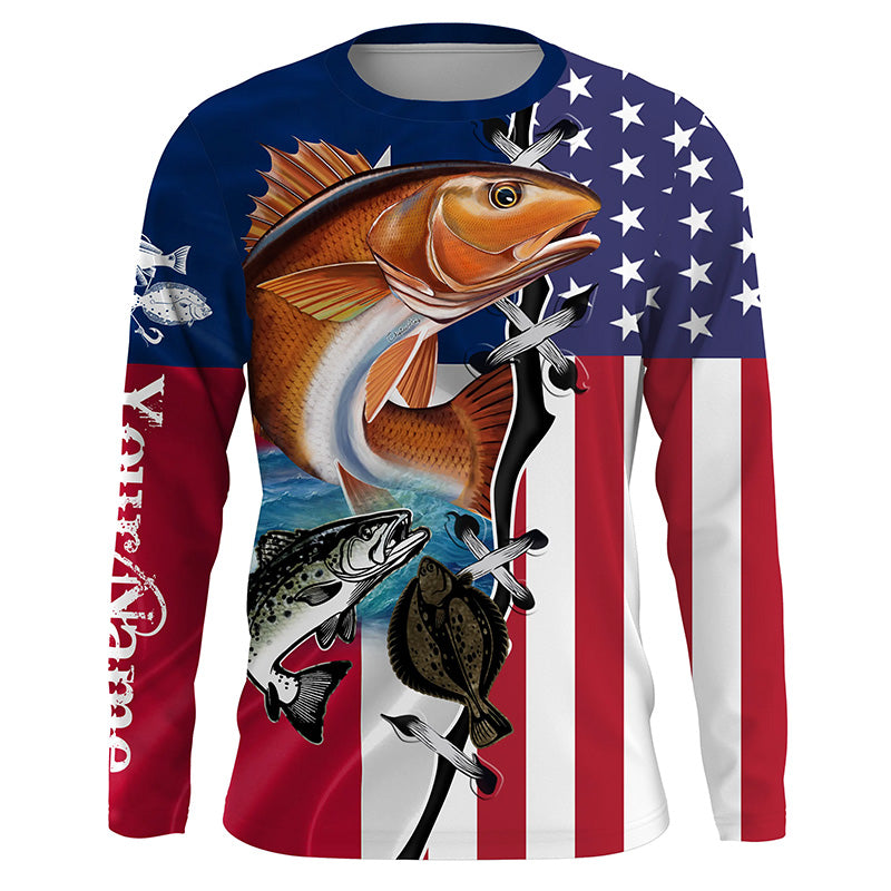 Inshore Grand Slam Redfish, Trout, Flounder Texas slam American flag Custom long sleeve Fishing Shirts NQS4102