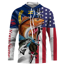 Load image into Gallery viewer, Inshore Slam Redfish, Trout, Flounder North Carolina American flag Custom long sleeve Fishing Shirts NQS4103