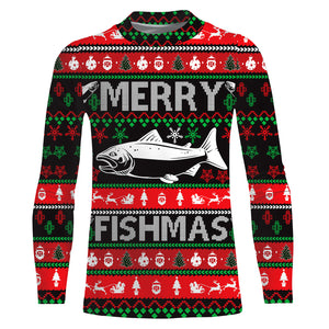 Merry Fishmas funny ugly Christmas salmon fishing shirt long sleeves Christmas gift NQS2350