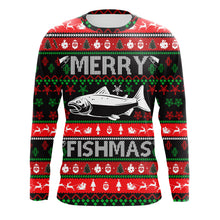 Load image into Gallery viewer, Merry Fishmas funny ugly Christmas salmon fishing shirt long sleeves Christmas gift NQS2350