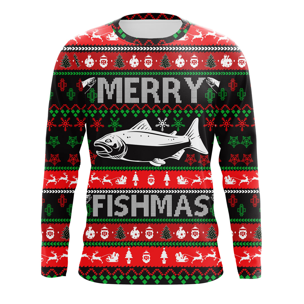 Merry Fishmas funny ugly Christmas salmon fishing shirt long sleeves Christmas gift NQS2350