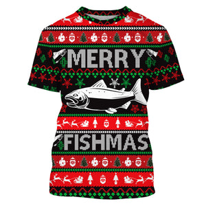 Merry Fishmas funny ugly Christmas salmon fishing shirt long sleeves Christmas gift NQS2350