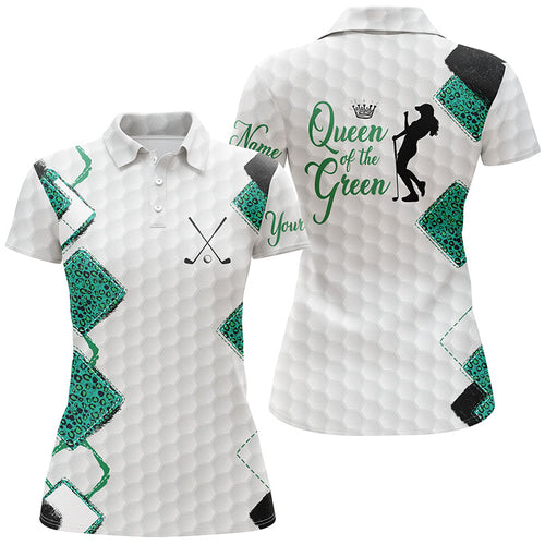 Womens golf polo shirt Queen of the green custom funny white golf ball skin green leopard golf shirt NQS4893