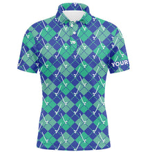 Load image into Gallery viewer, Green Blue argyle plaid pattern golf clubs custom Mens golf polo shirt, golf tops for men golfing gift NQS6849