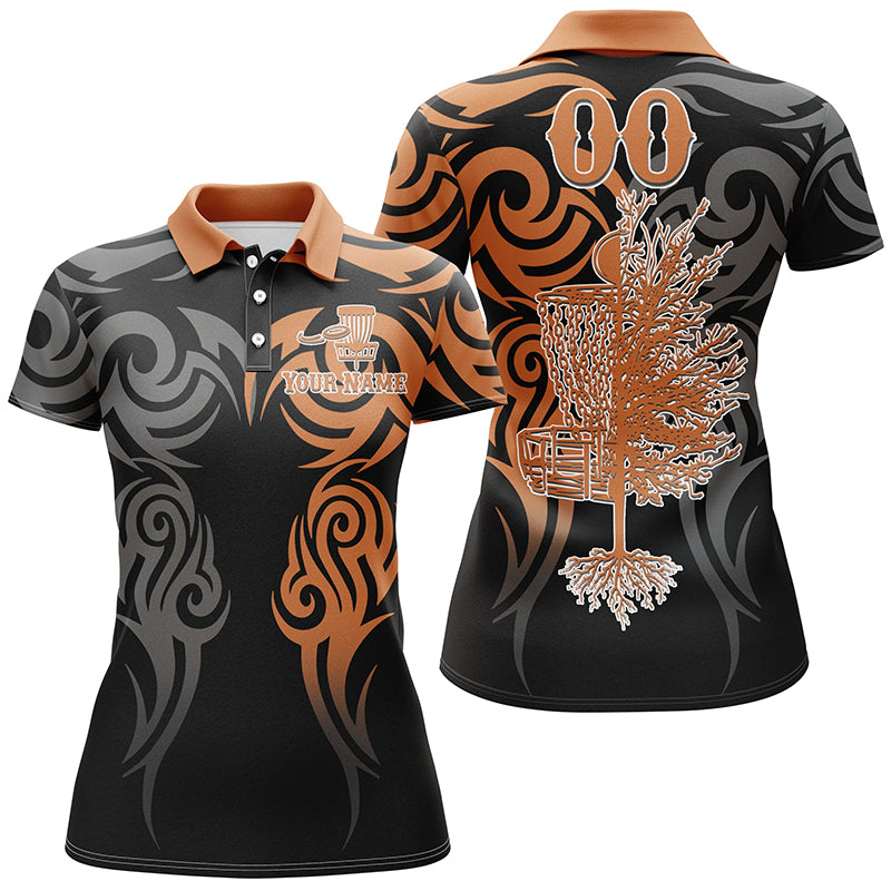 Custom name and number black orange Disc Golf basket tattoo women polo shirts, ladies disc golf shirts NQS5231