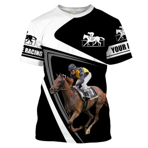 Black and white horse racing shirts Customize Name 3D All Over Printed Shirts Personalized gift For Horse Lovers NQS2218