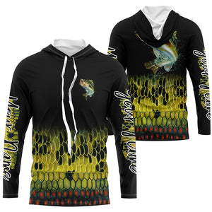 Largemouth Bass fishing Custom sun protection black long sleeve fishing shirts, Bass scales jerseys NQS4130
