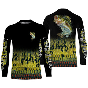 Largemouth Bass fishing Custom sun protection black long sleeve fishing shirts, Bass scales jerseys NQS4130