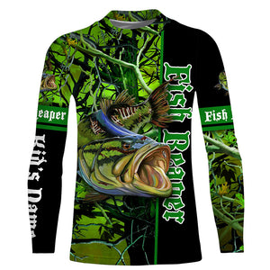 Largemouth bass Fish Skeleton fish reaper green camo fishing Custom name long sleeves fishing shirts NQS4143