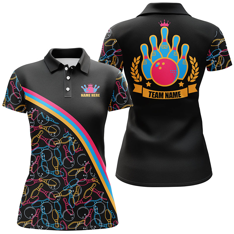 Personalized bowling polo shirts for women Custom pink bowling pattern, bowling team shirts NQS4564