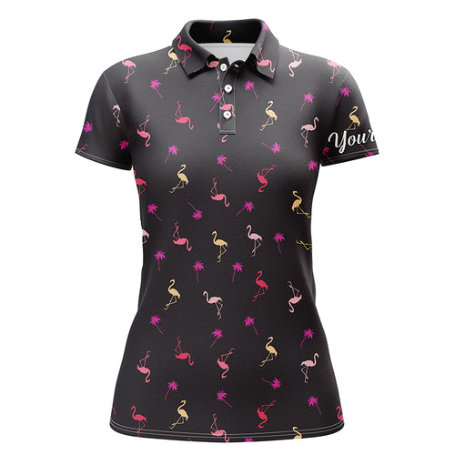 Black Womens golf polo shirt neon pink flamingos palm pattern custom team flamingo golf polo shirts NQS4952
