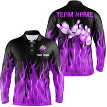 Load image into Gallery viewer, Personalized Men polo Bowling Shirt purple Flame Bowling Ball Pins bowling jerseys for men Bowler NQS7302